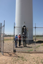 Caption.  Wind Energy Technology Student Jason Goetter at Mesalands Community College completes a climbing test for the Wind Technician Internship Program with Granite International, at the North American Wind Research and Training Center. 