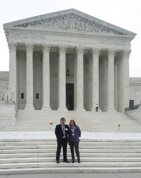 (Right) Gretchen Gurtler, Director of the Mesalands Community College Dinosaur Museum and Natural Sciences Laboratory and Donald Price, Intern in front of the national monument in Washington, D.C. Price recently presented his research project at the CCURI National Poster Session 2014. 