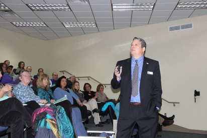 Dr. Thomas W. Newsom, President of Mesalands motivates attendees to the All-Employee Meeting. 