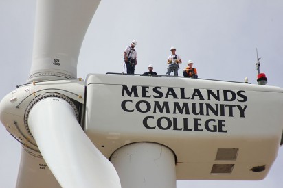 Wind students from both Mesalands Community College and Clovis Community College, under the direction of (Left) Terrill Stowe, Wind Energy Technology Instructor at Mesalands, climb the College’s wind turbine at the North American Wind Research and Training Center to obtain hands-on training.