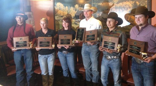 The 2015 College National Finals Rodeo (CNFR) qualifiers and coaches from Mesalands Community College (left to right): Edmiles Harvey (bareback riding); Staci Stanbrough, Assistant Rodeo Coach and Animal Science Faculty; Betty Pack (breakaway roping); Tim Abbott, Intercollegiate Rodeo Coach; Adriano Long (bull riding); Jacob Rounds (steer wrestling); and not in the photo Chance Hunter (team roping) were presented with plaques during a President’s Luncheon in Casper, WY.