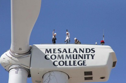 (Left to right). Whitney Potter, Communications Director for the Office of U.S. Senator Martin Heinrich of New Mexico, U.S. Senator Martin Heinrich, and Andy Swapp, Wind Energy Technology Faculty at Mesalands Community College, on top of the wind turbine at the North American Wind Research and Training Center at Mesalands Community College.