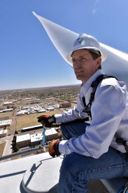 U.S Senator Martin Heinrich on top of the Mesalands wind turbine.