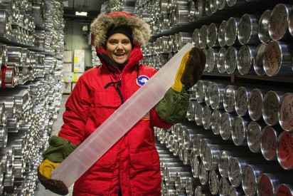 Gretchen Gürtler, Director of the Mesalands Community College’s Dinosaur and Natural Sciences Laboratory and Part-Time Instructor at Mesalands Community College, holds an ice core sample in one of the freezers kept at 40 below zero at the National Ice Core Laboratory in Denver, CO.