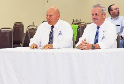 (Left) Andy Swapp, Wind Energy Technology Faculty and Jim Morgan, Director of the North American Wind Research and Training Center at Mesalands Community Colleges, addresses the New Mexico Water and Natural Resources Interim Legislative Committee, during last week’s meeting at the Tucumcari Convention Center. 