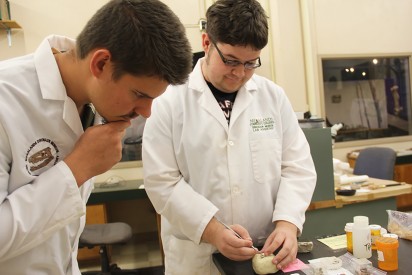 (Left) Samuel G. Burke and Samuel A. Johnson, Natural Sciences students at Mesalands Community College evaluate specimens at the Mesalands Dinosaur Museum and Natural Sciences Laboratory.