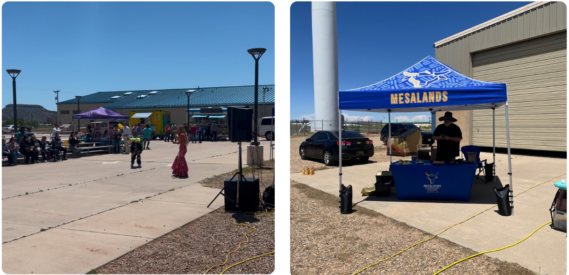 Image of the Cinco de Mayo event. On the left, a singer wearing a cultural dress is performing in front of a crowd, on the right, you can see the college's stand at the event.